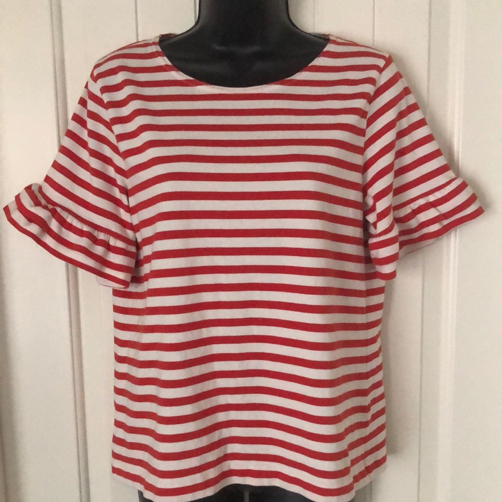 J Crew Black Label Ruffle Sleeve Tee Shirt Red White Stripe Relaxed Fit Medium M